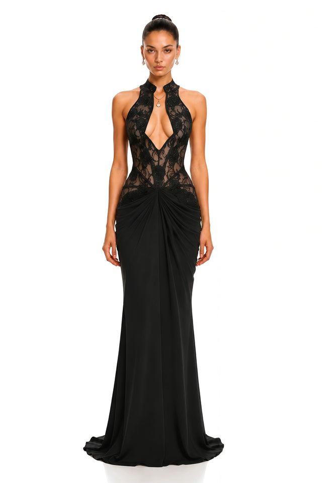 Carolina Black Plunge Neck Embellished Ruched Maxi Dress