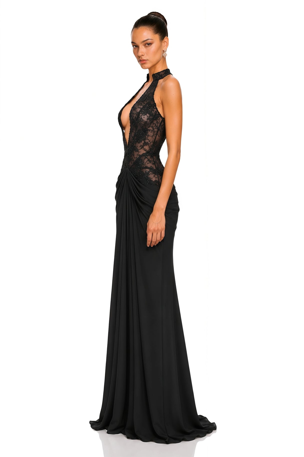 Carolina Black Plunge Neck Embellished Ruched Maxi Dress