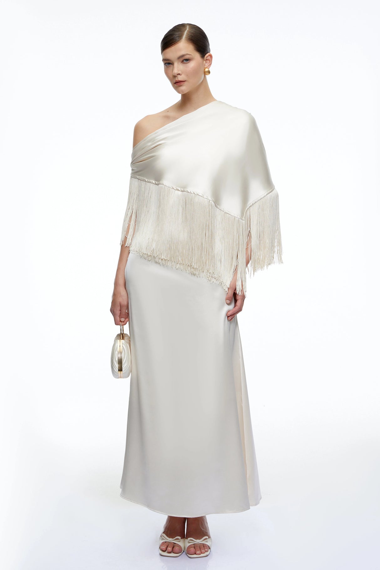 Carolina Neutral One Shoulder Satin Maxi Dress with Fringe