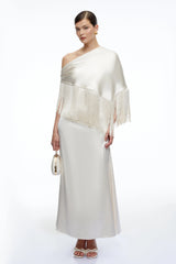 Carolina Neutral One Shoulder Satin Maxi Dress with Fringe