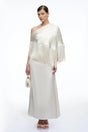 Carolina Neutral One Shoulder Satin Maxi Dress with Fringe