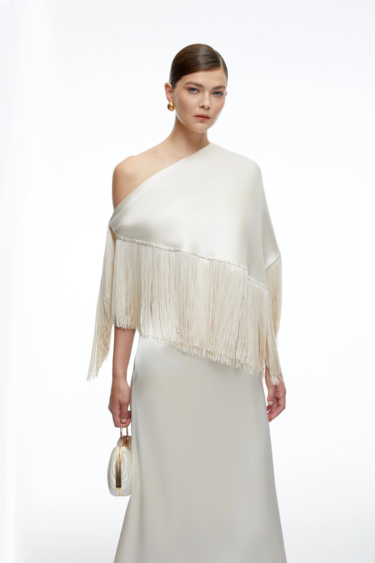 Carolina Neutral One Shoulder Satin Maxi Dress with Fringe