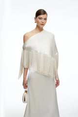 Carolina Neutral One Shoulder Satin Maxi Dress with Fringe