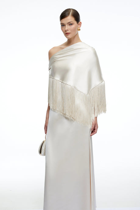 Carolina Neutral One Shoulder Satin Maxi Dress with Fringe