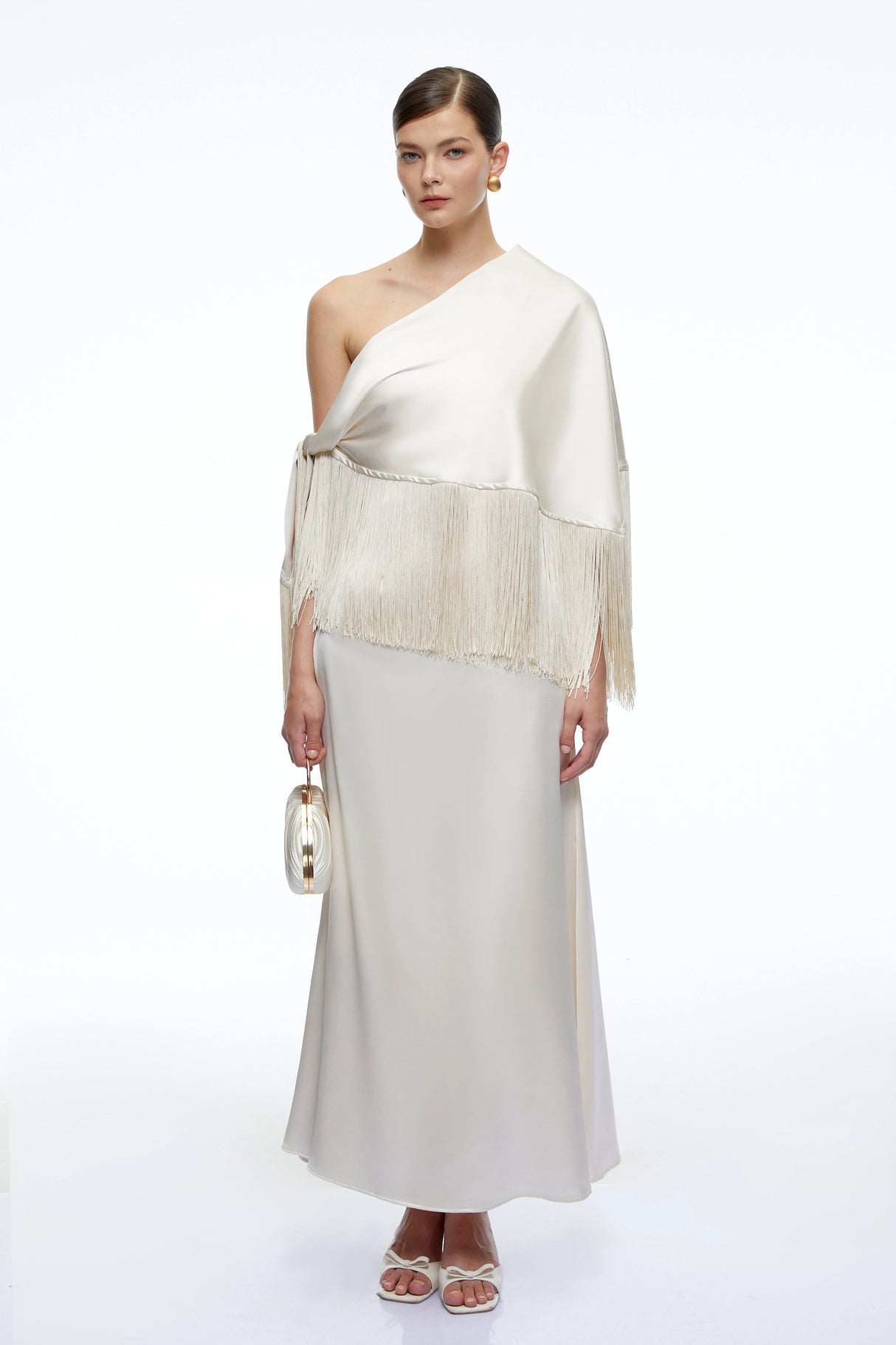 Carolina Neutral One Shoulder Satin Maxi Dress with Fringe