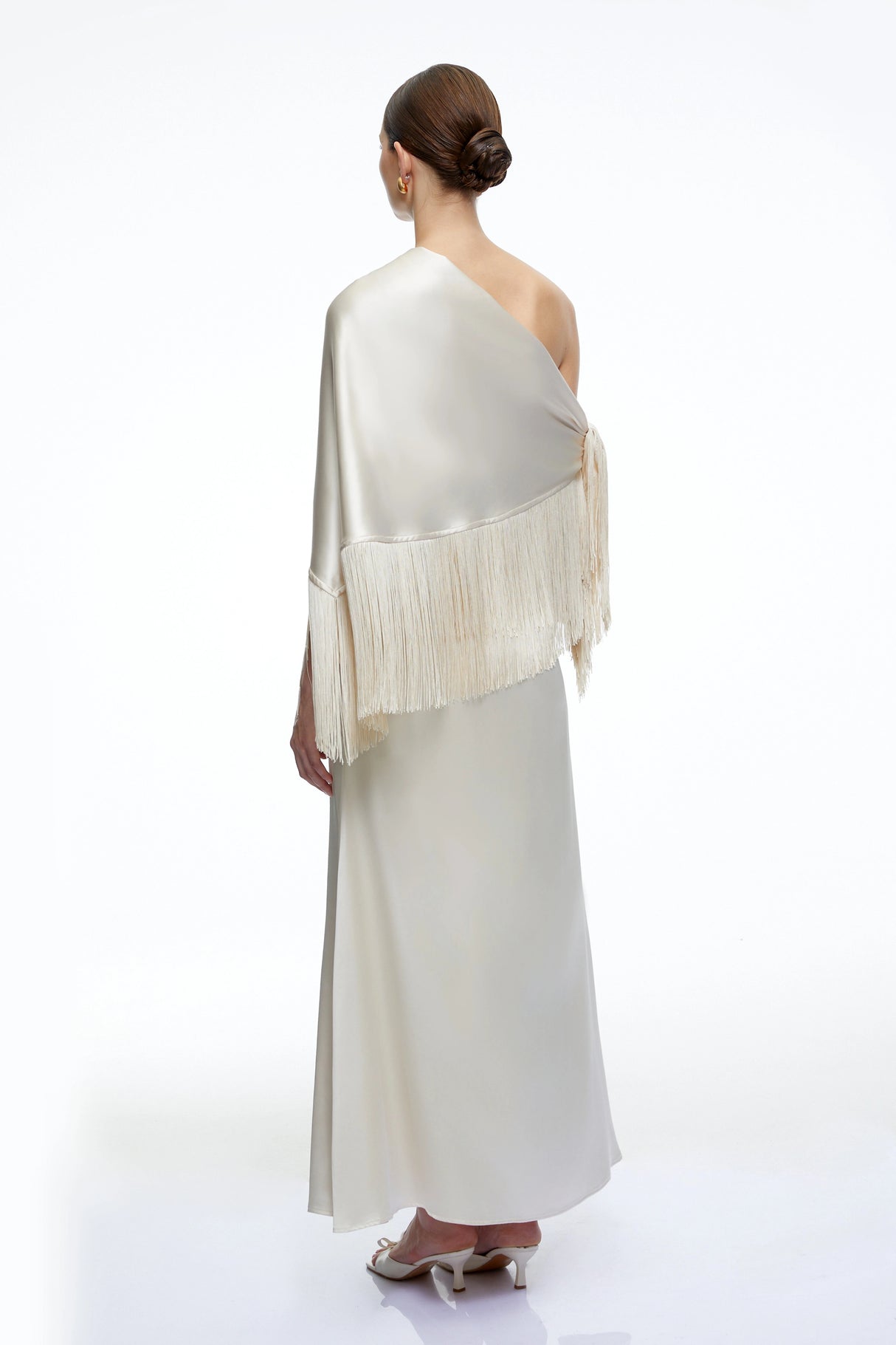 Carolina Neutral One Shoulder Satin Maxi Dress with Fringe