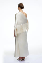 Carolina Neutral One Shoulder Satin Maxi Dress with Fringe