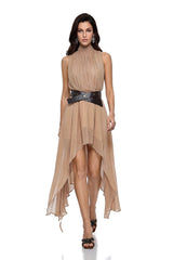 Caroline Khaki Asymmetrical Pleated Midi Dress with Belt