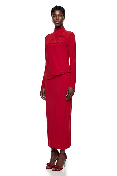 Caroline Red Maxi Dress with 3D Petals