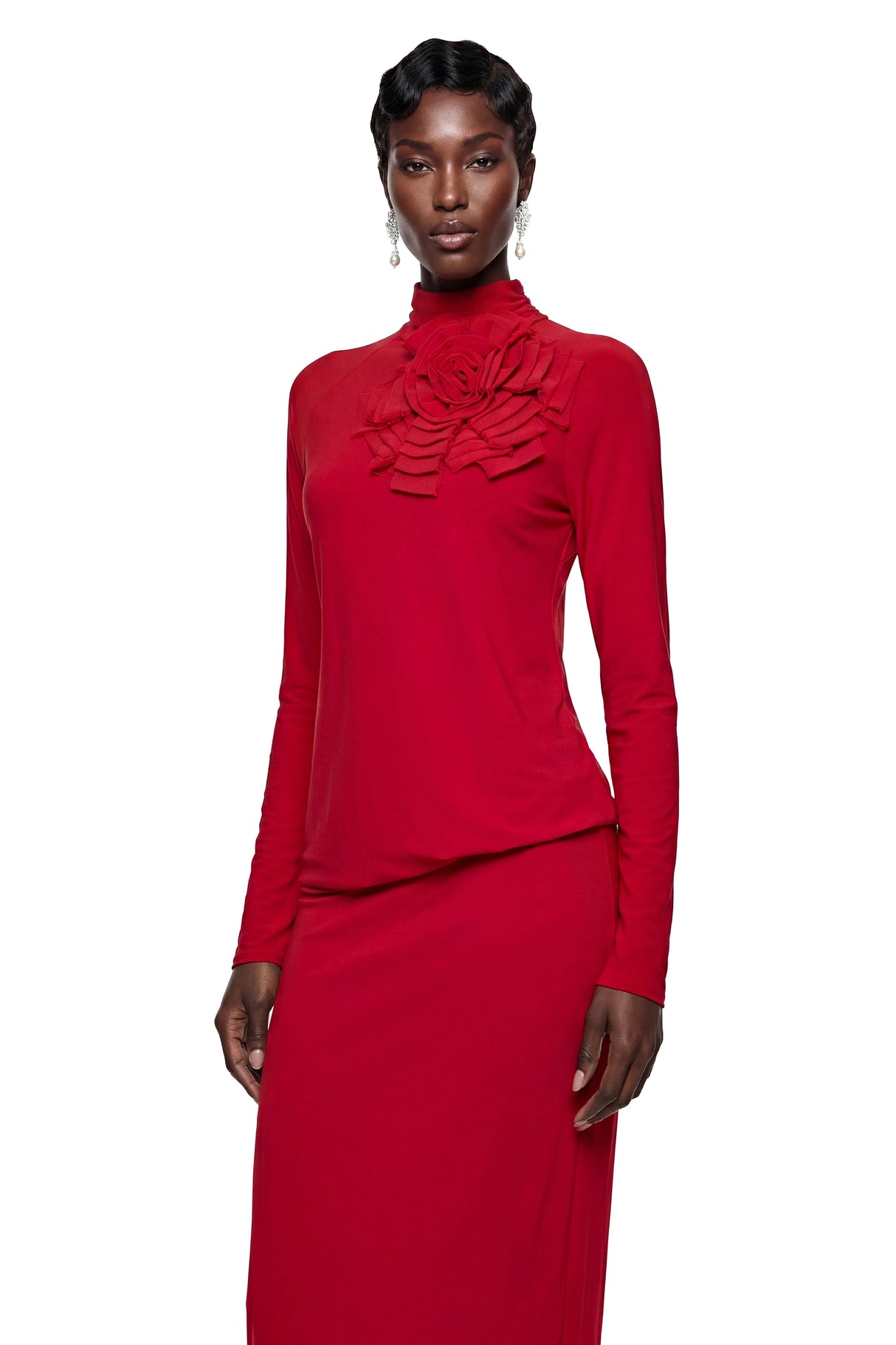 Caroline Red Maxi Dress with 3D Petals