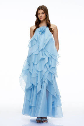 Carrie Blue Halterneck Flounced Maxi Dress