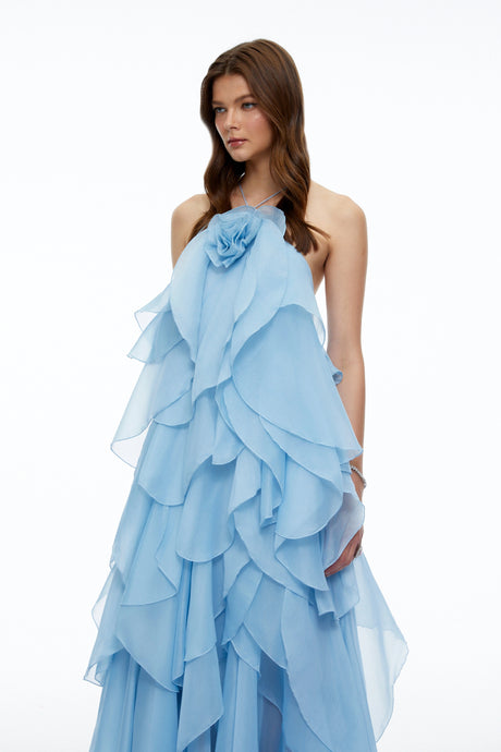 Carrie Blue Halterneck Flounced Maxi Dress