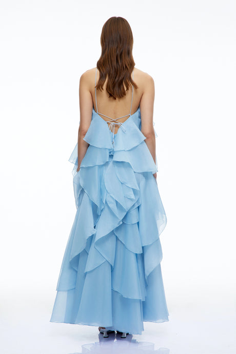 Carrie Blue Halterneck Flounced Maxi Dress