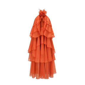 Carrie Orange Halterneck Flounced Maxi Dress