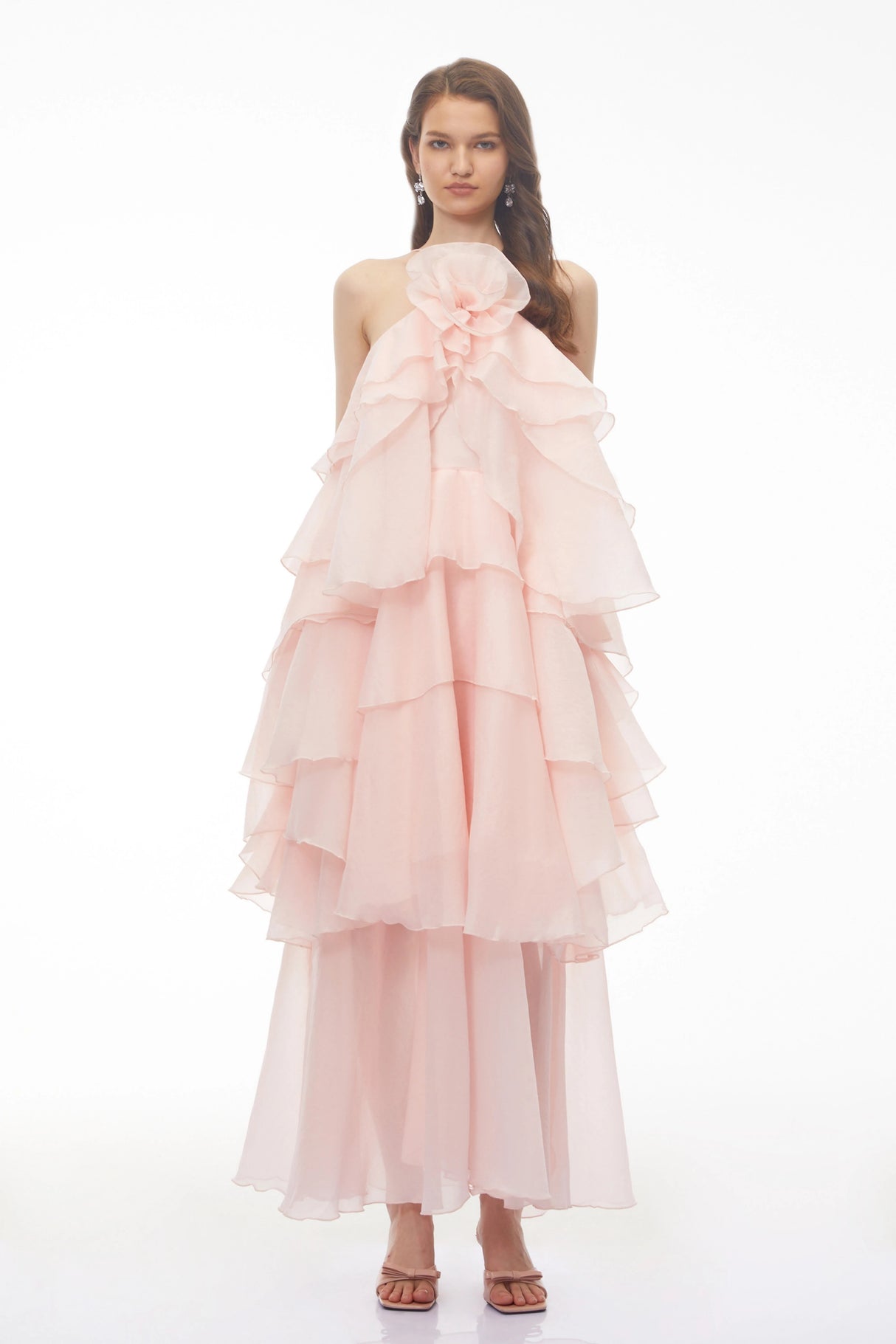 Carrie Pink Halterneck Flounced Maxi Dress