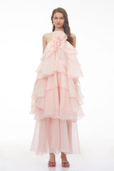 Carrie Pink Halterneck Flounced Maxi Dress