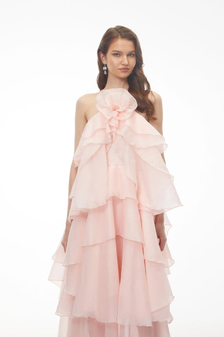 Carrie Pink Halterneck Flounced Maxi Dress