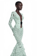 Cass Mint Green VNeck Lace Bodycon Maxi Dress