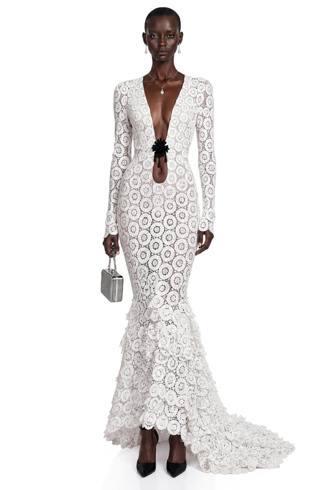 Cass White VNeck Lace Bodycon Maxi Dress