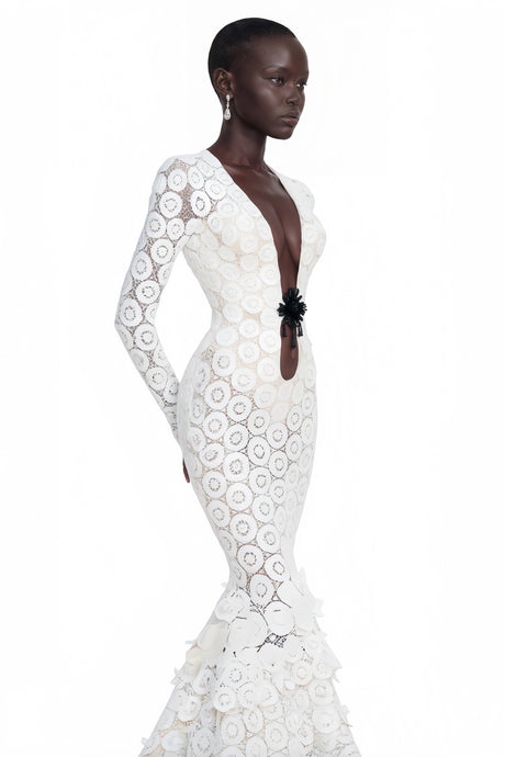 Cass White VNeck Lace Bodycon Maxi Dress