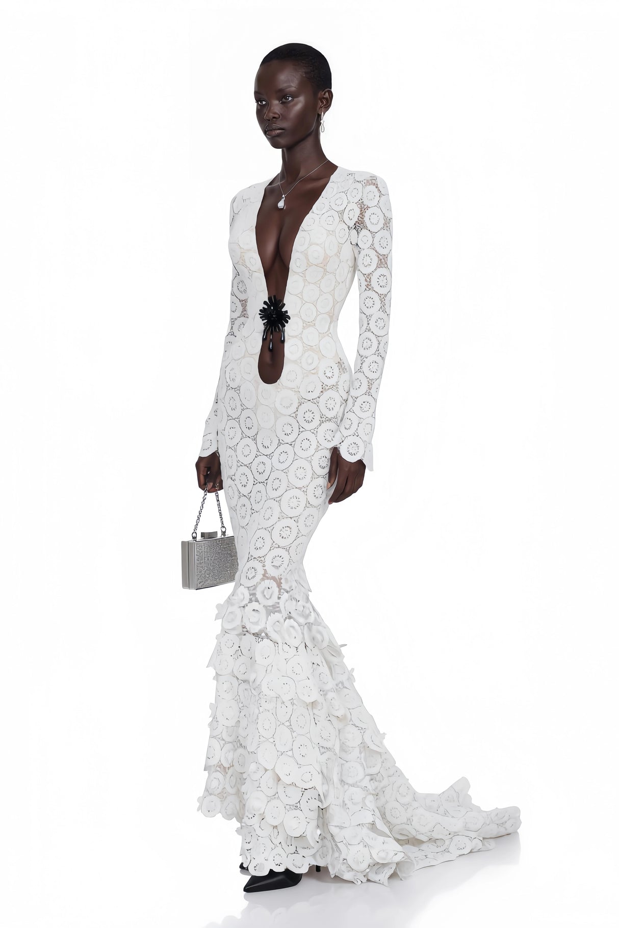 Cass White VNeck Lace Bodycon Maxi Dress
