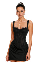 Cassandra Black Ruched Mini Dress with Lace Corset
