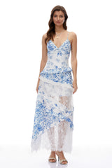 Cassandra Blue Floral Print Maxi Dress with Lace Panels