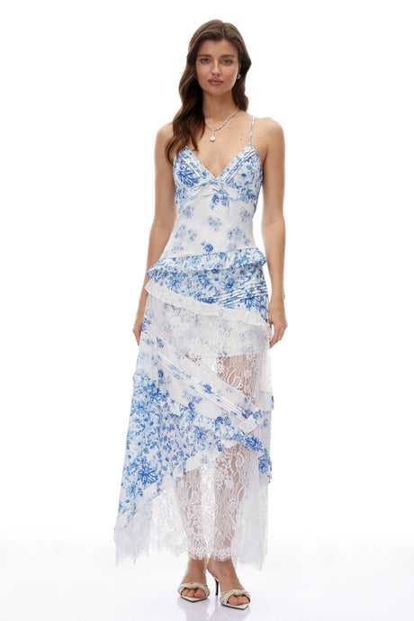 Cassandra Blue Floral Print Maxi Dress with Lace Panels