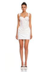 Cassandra White Ruched Mini Dress with Lace Corset