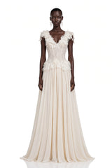 Cassandre Ivory VNeck Ruffled Maxi Dress with Lace Trim