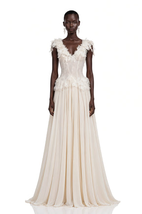 Cassandre Ivory VNeck Ruffled Maxi Dress with Lace Trim