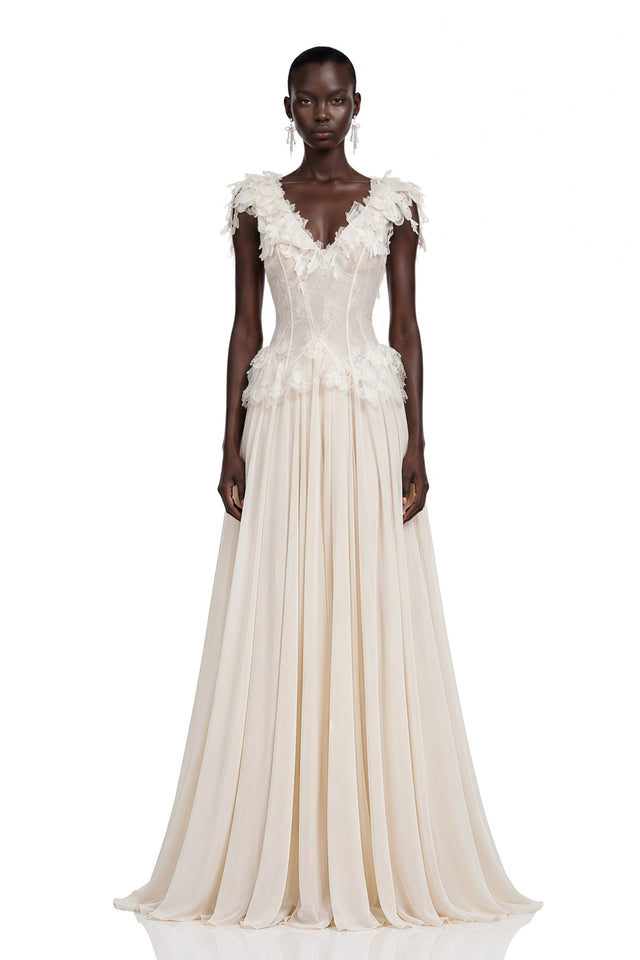Cassandre Ivory VNeck Ruffled Maxi Dress with Lace Trim