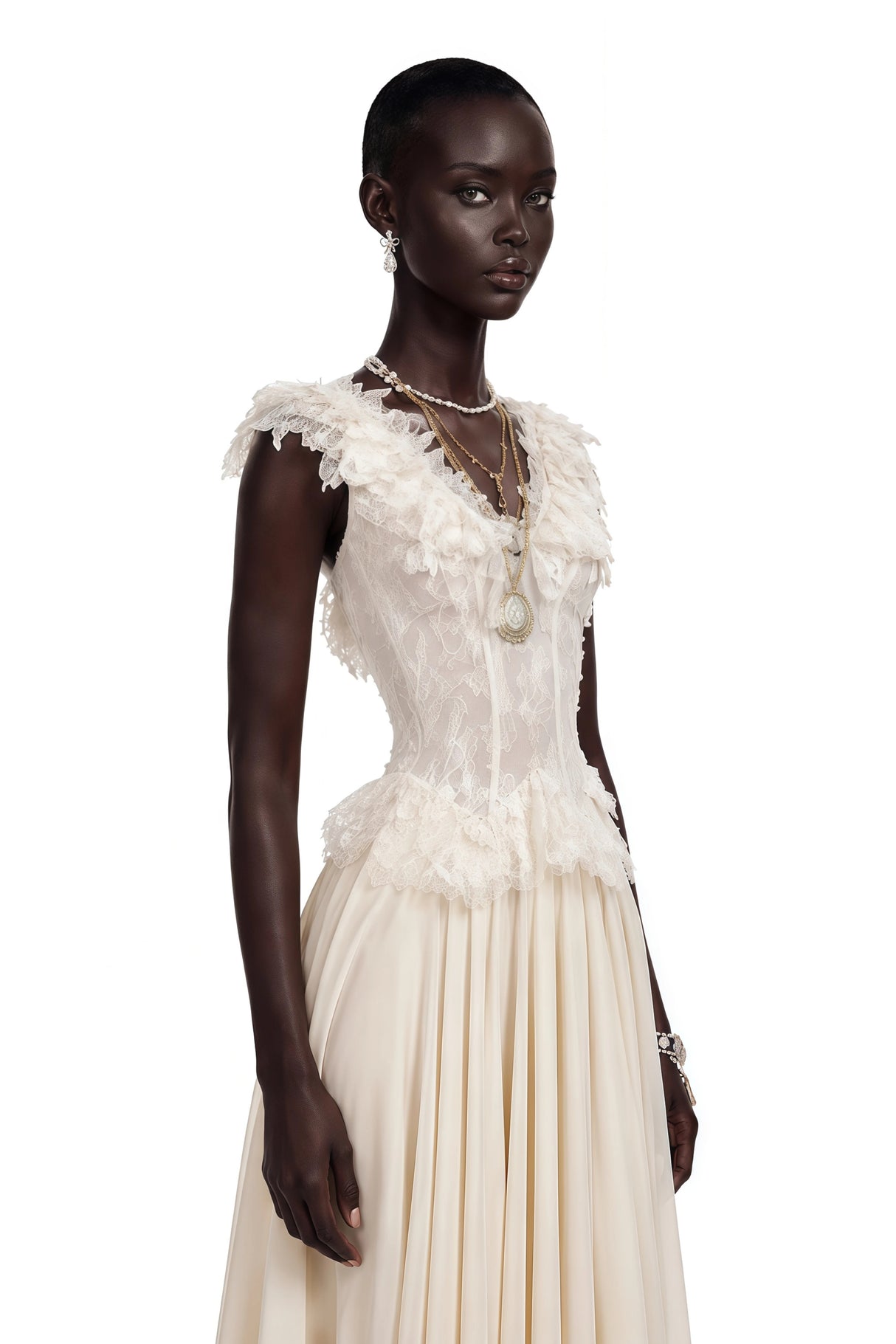 Cassandre Ivory VNeck Ruffled Maxi Dress with Lace Trim