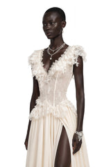 Cassandre Ivory VNeck Ruffled Maxi Dress with Lace Trim