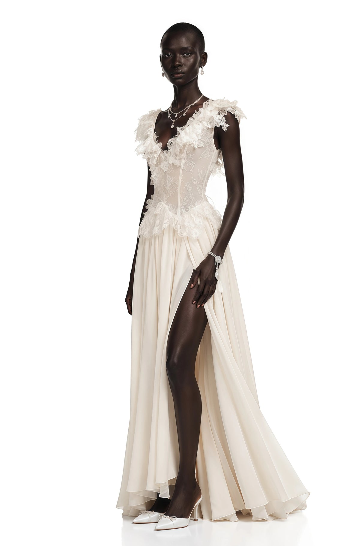 Cassandre Ivory VNeck Ruffled Maxi Dress with Lace Trim