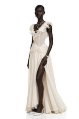 Cassandre Ivory VNeck Ruffled Maxi Dress with Lace Trim