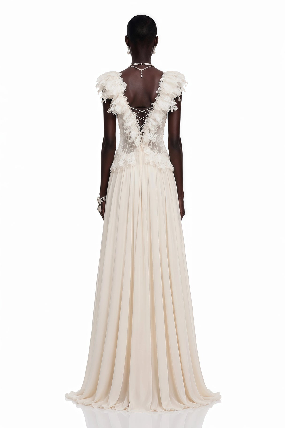Cassandre Ivory VNeck Ruffled Maxi Dress with Lace Trim