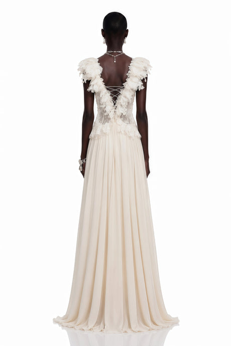 Cassandre Ivory VNeck Ruffled Maxi Dress with Lace Trim