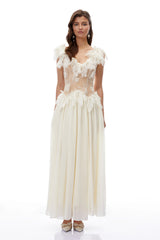 Cassandre Ivory VNeck Ruffled Maxi Dress with Lace Trim