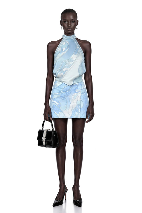 Cassia Blue Floral Halterneck Top  Skirt Set
