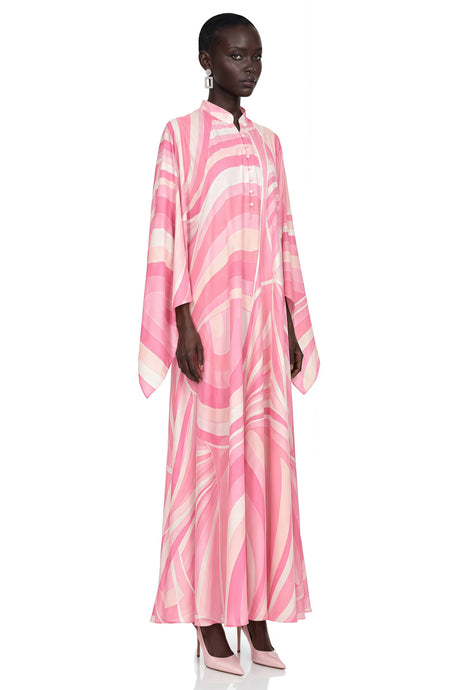 Cassia Pink Printed Cape Sleeve Maxi Dress