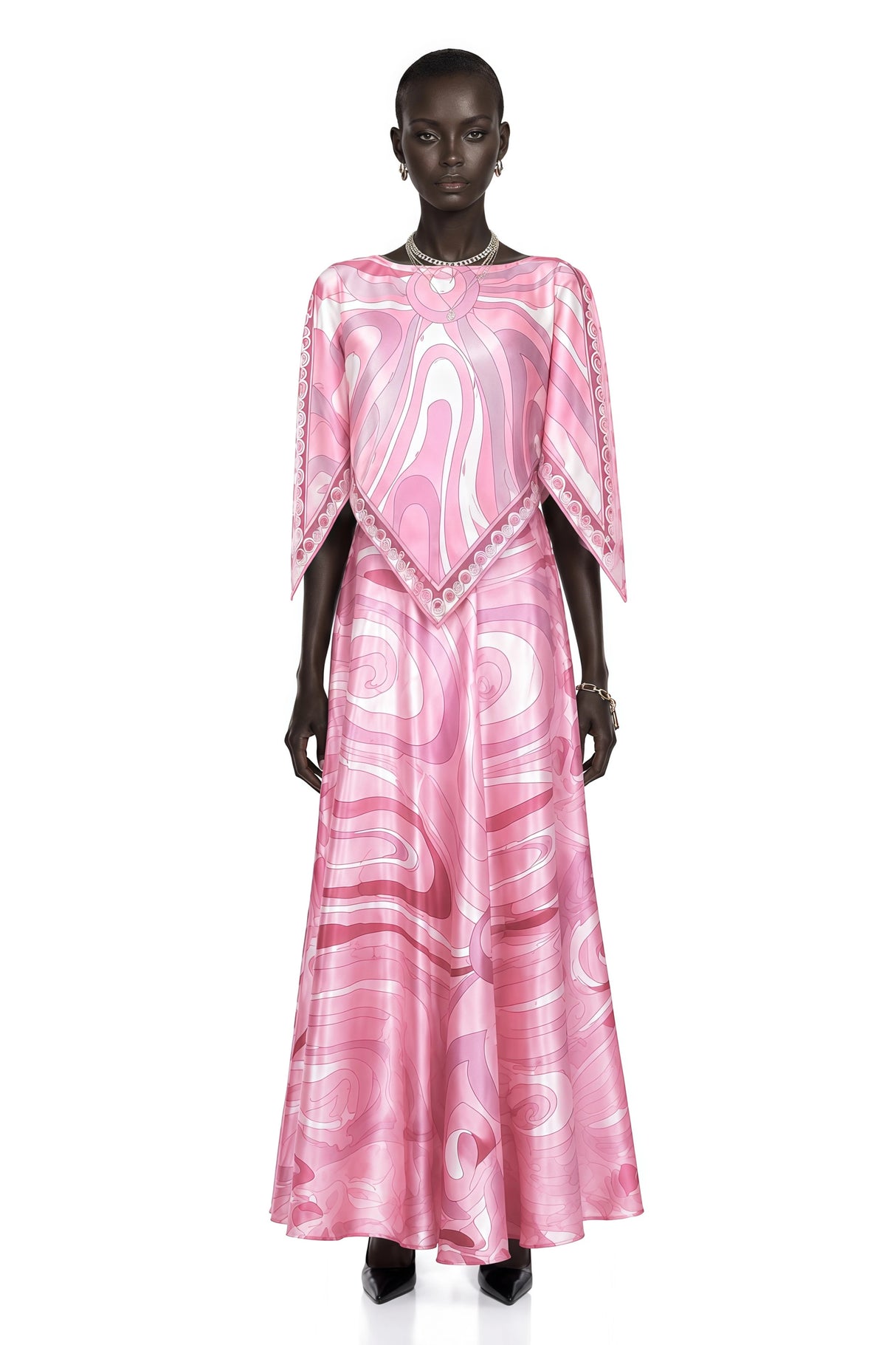 Cassia Pink Printed Cape Top  Maxi Skirt Set