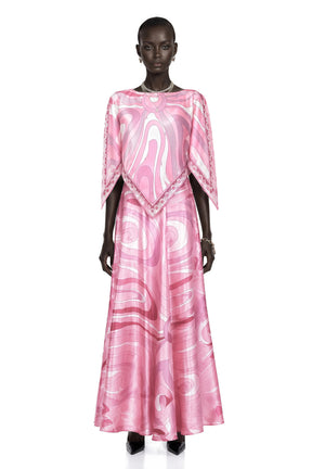 Cassia Pink Printed Cape Top  Maxi Skirt Set
