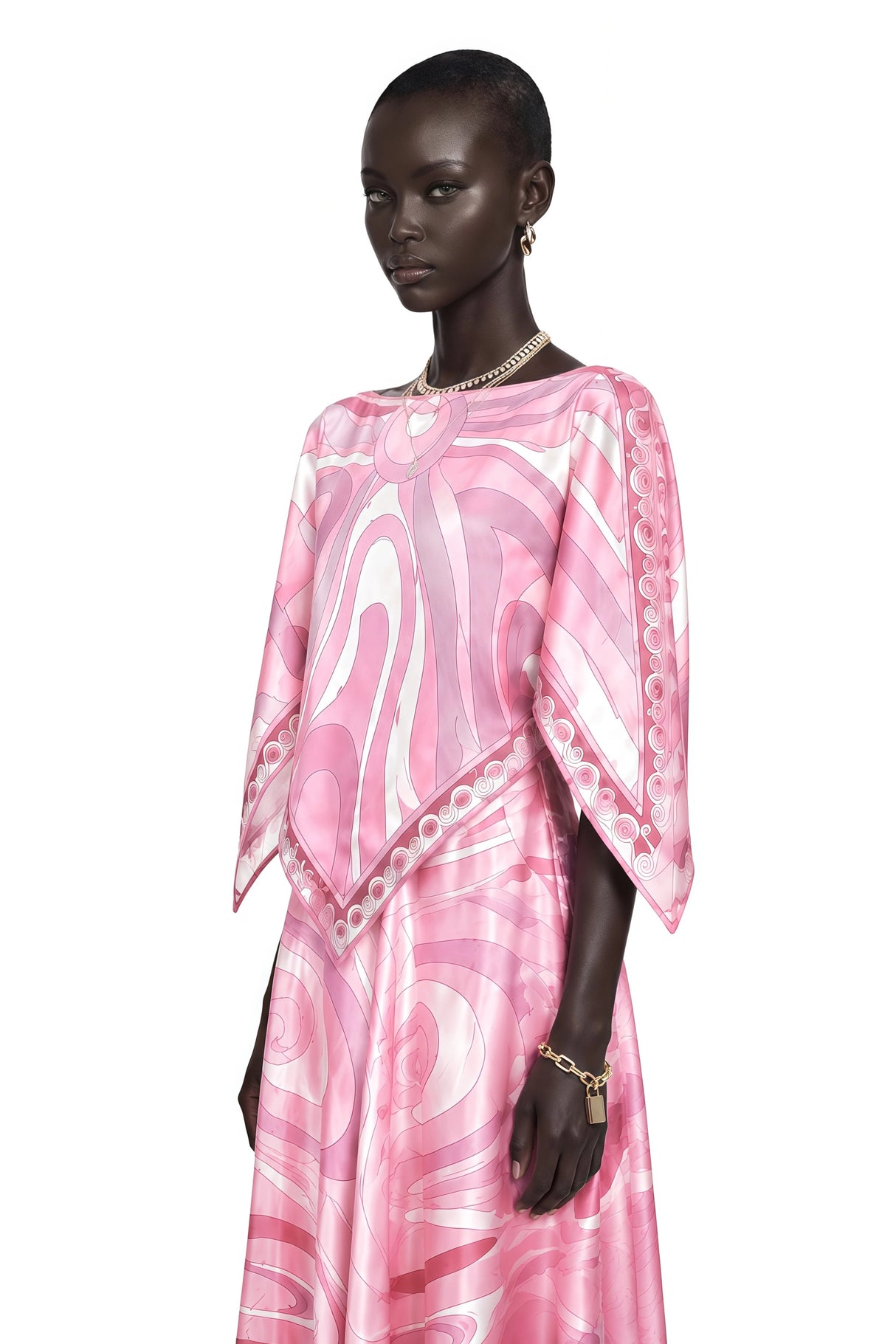 Cassia Pink Printed Cape Top  Maxi Skirt Set
