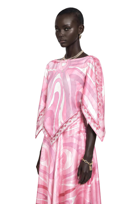 Cassia Pink Printed Cape Top  Maxi Skirt Set