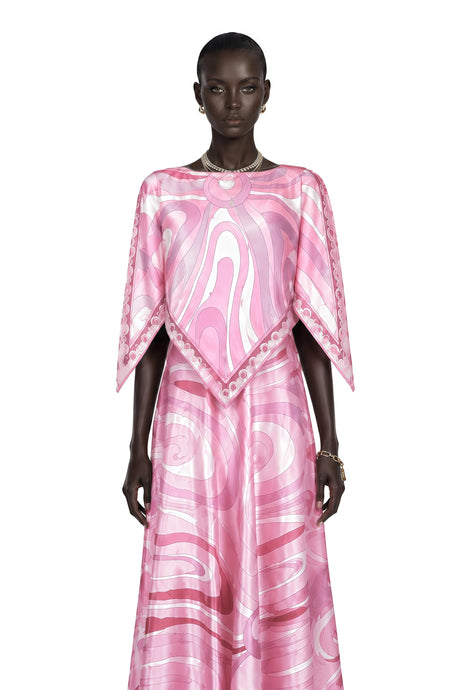 Cassia Pink Printed Cape Top  Maxi Skirt Set