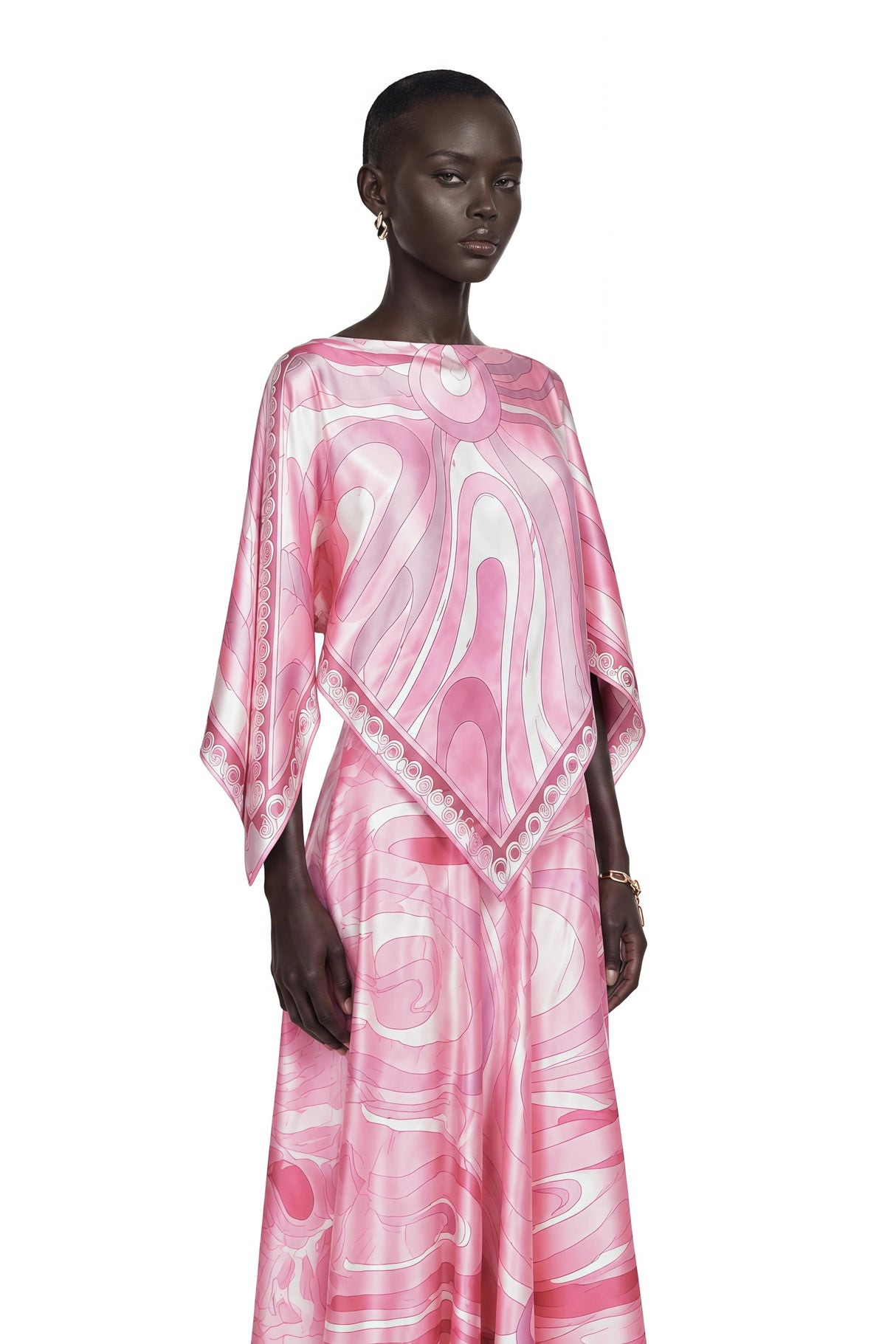 Cassia Pink Printed Cape Top  Maxi Skirt Set