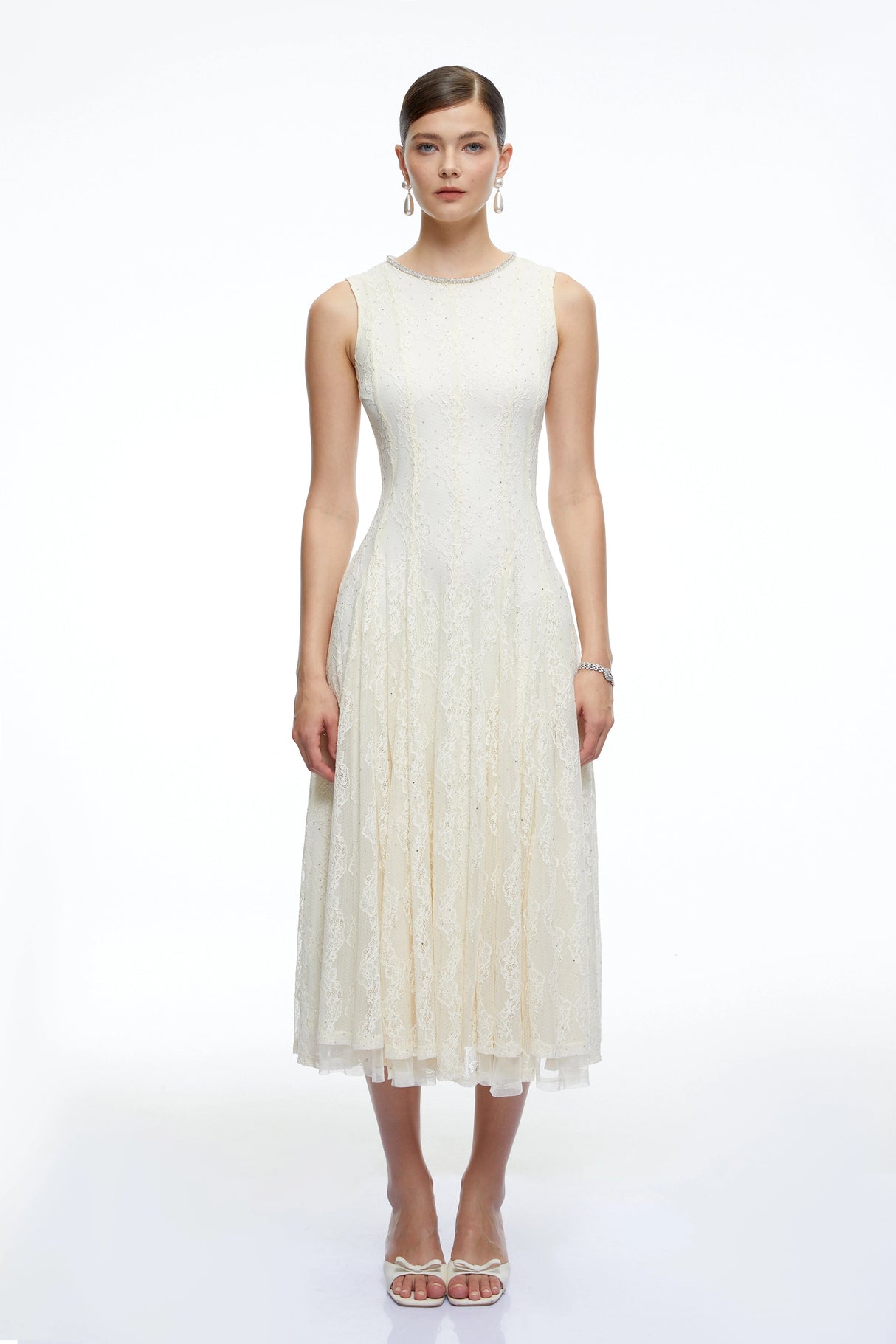 Cassia White Embroidered Midi Dress with Lace