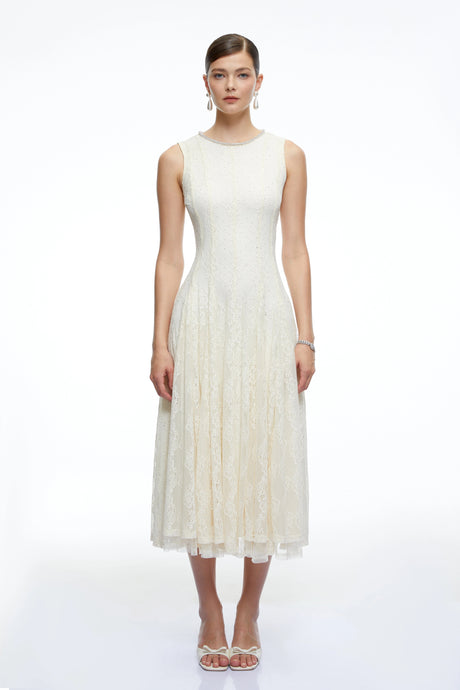 Cassia White Embroidered Midi Dress with Lace