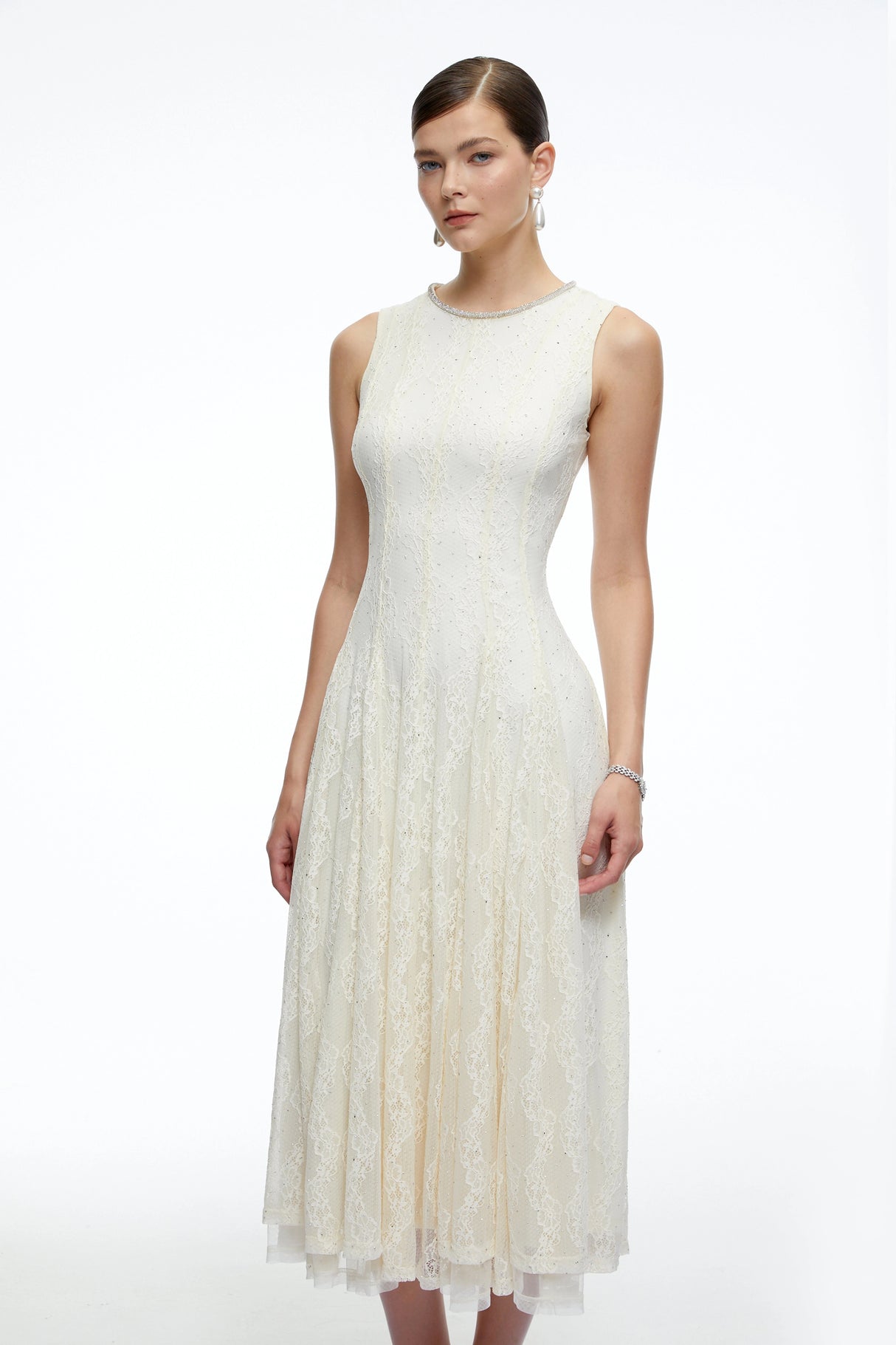 Cassia White Embroidered Midi Dress with Lace